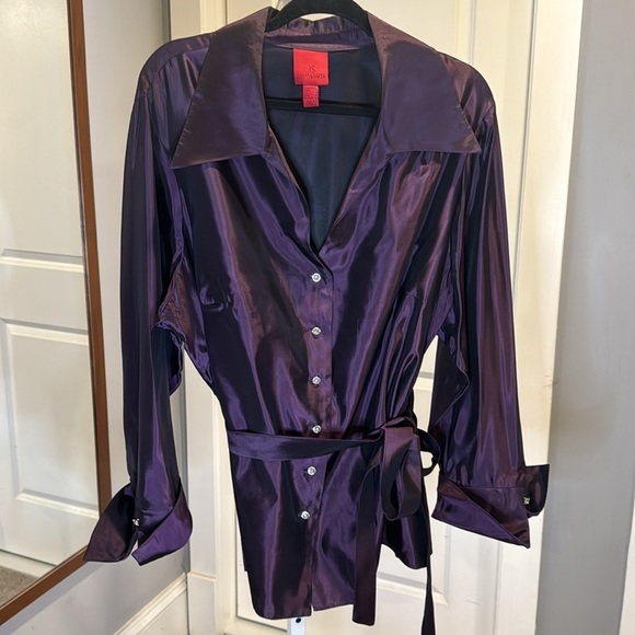 JS Collection Purple Tafetta Shiny Holiday New Years Button Belted blouse top - Picture 3 of 13